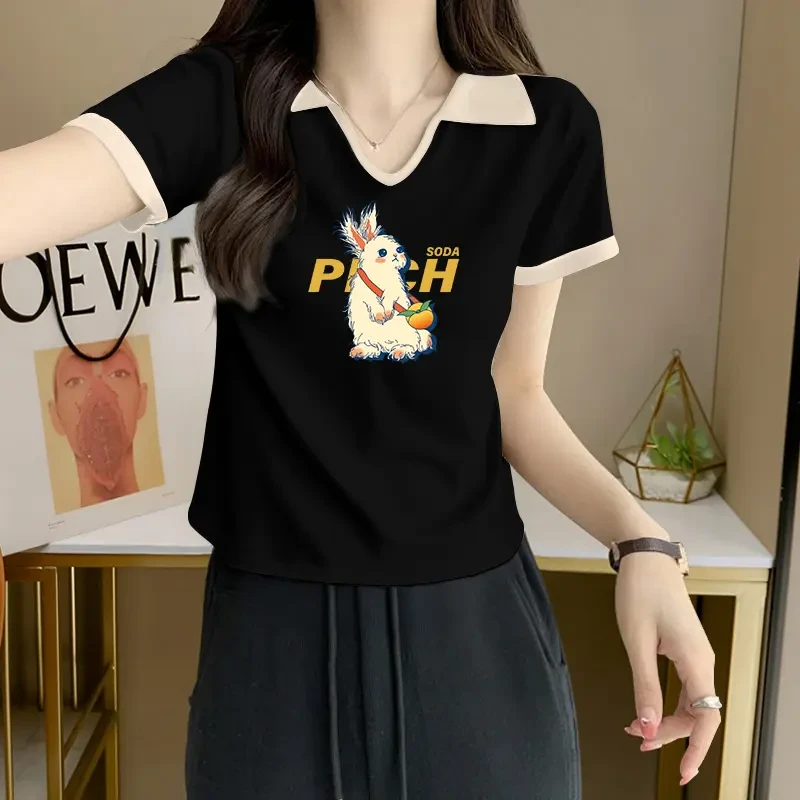 纯欲风辣妹修身显瘦短袖T恤女士夏季款设计感撞色小v翻领印花上衣