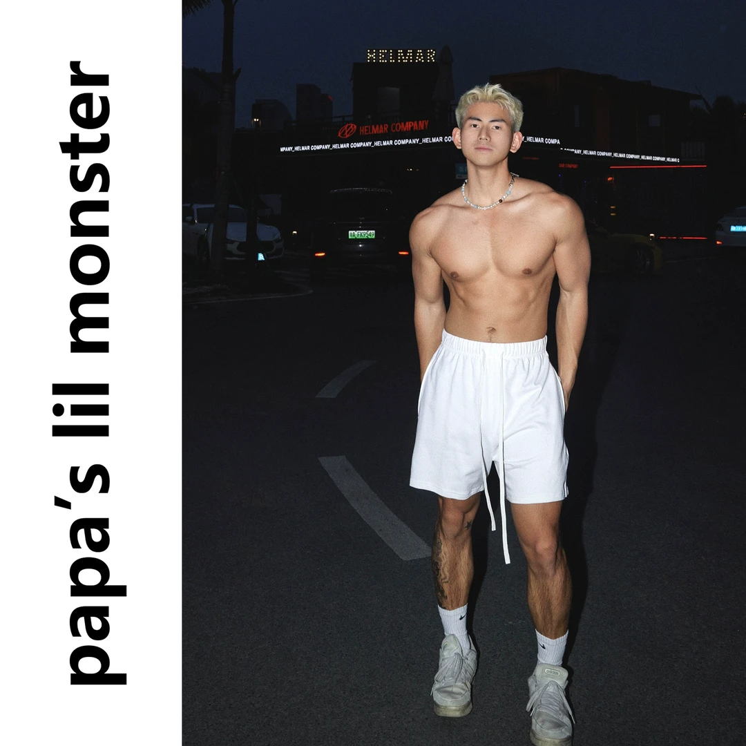 PAPASLILMONSTER美式休闲款基础百搭纯色短裤高街抽绳直筒运动裤