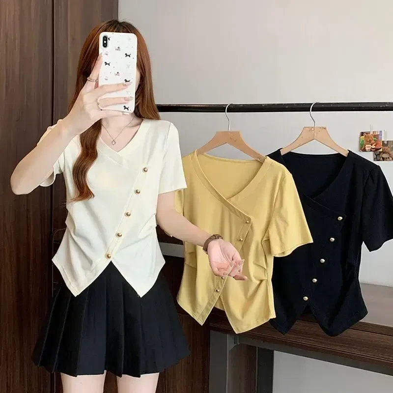 胖MM显瘦遮肚子V领正肩短袖T恤女2025夏季新款大码不规则别致上衣