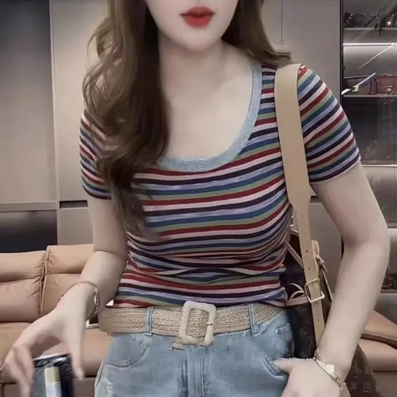 美式复古夏季条纹短袖T恤领撞色2025新款修身显瘦短款女上衣洋气