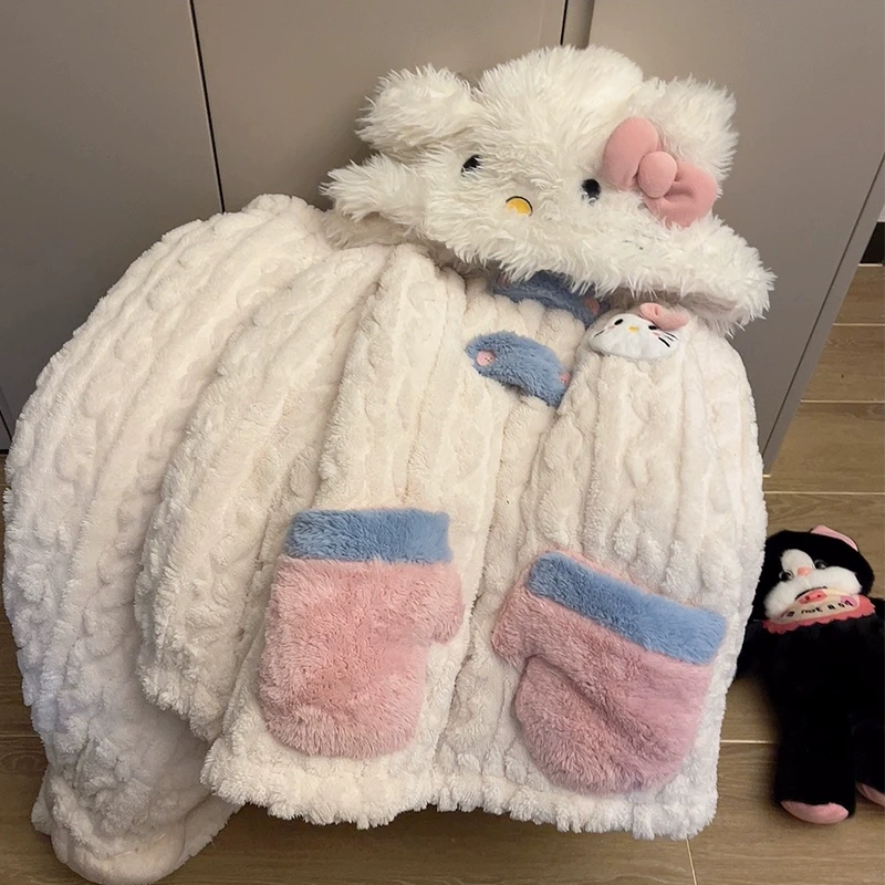 三层珊瑚绒夹棉睡衣女冬季加厚保暖连帽甜美猫咪小个子家居服套装