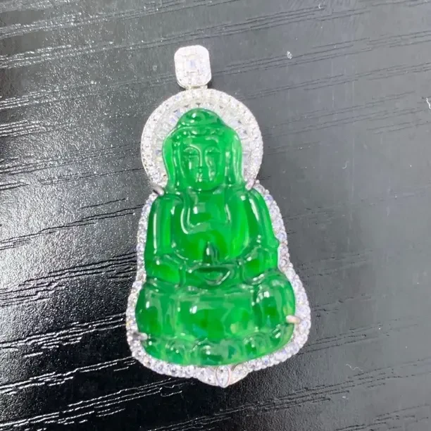 GY005天然A货翡翠冰种满绿观音吊坠经典百搭设计多样性发