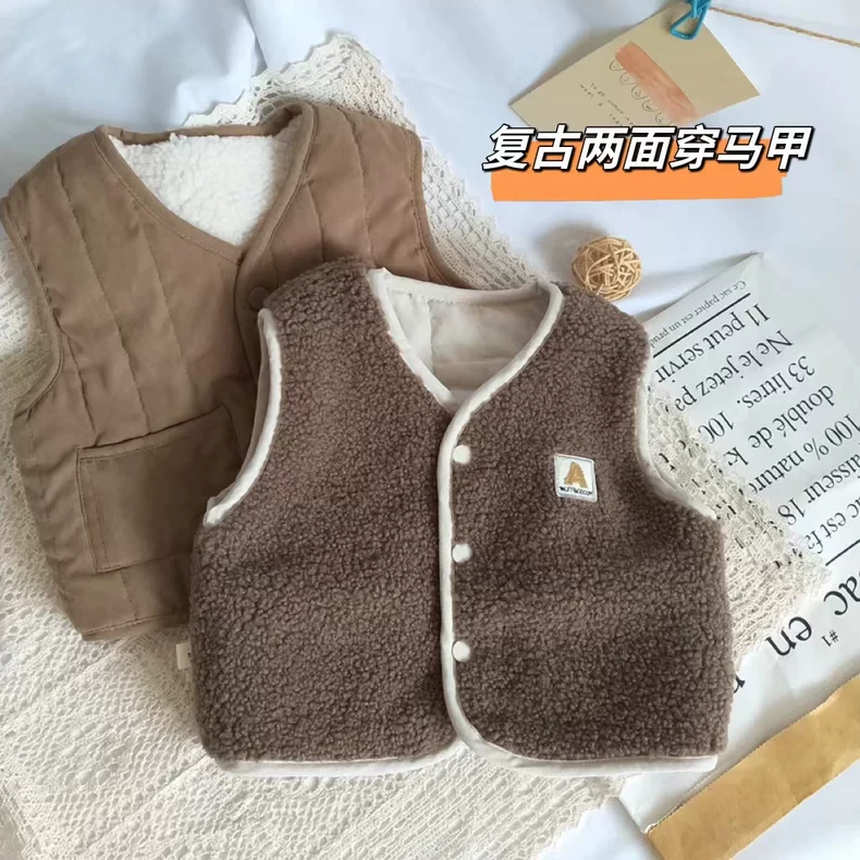 儿童秋冬韩版ins复古保暖百搭马甲男女宝宝羊羔毛两面穿棉质背心