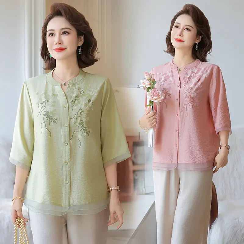 中老年人女春夏中袖小衫上衣妈妈夏季套装2025新款阔太太宽松衬衫