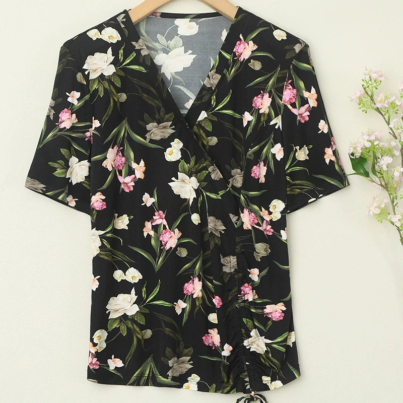 D夏季新款女士真丝针织V领印花五分袖上衣时尚桑蚕丝套头衫M9440