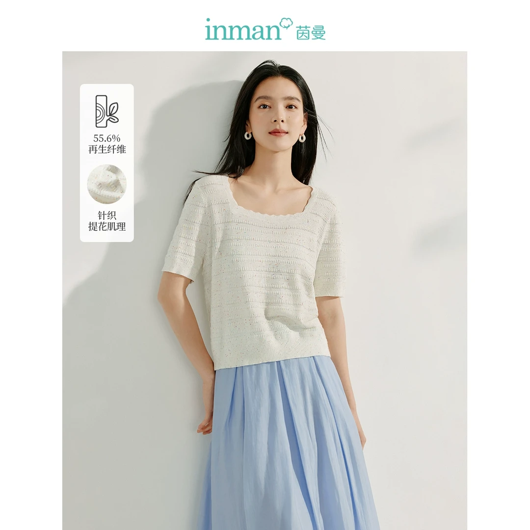 茵曼法式彩点针织衫2025秋季女装新款花边方领短袖宽松温柔短上衣