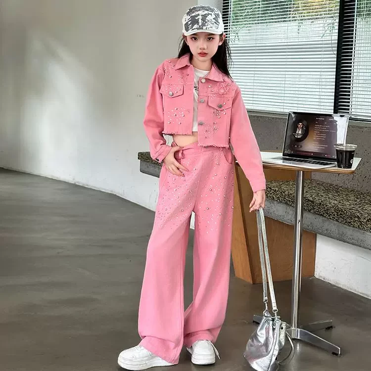 女童牛仔套装春秋款2025新款洋气中大童网红韩版牛仔烫钻两件套潮
