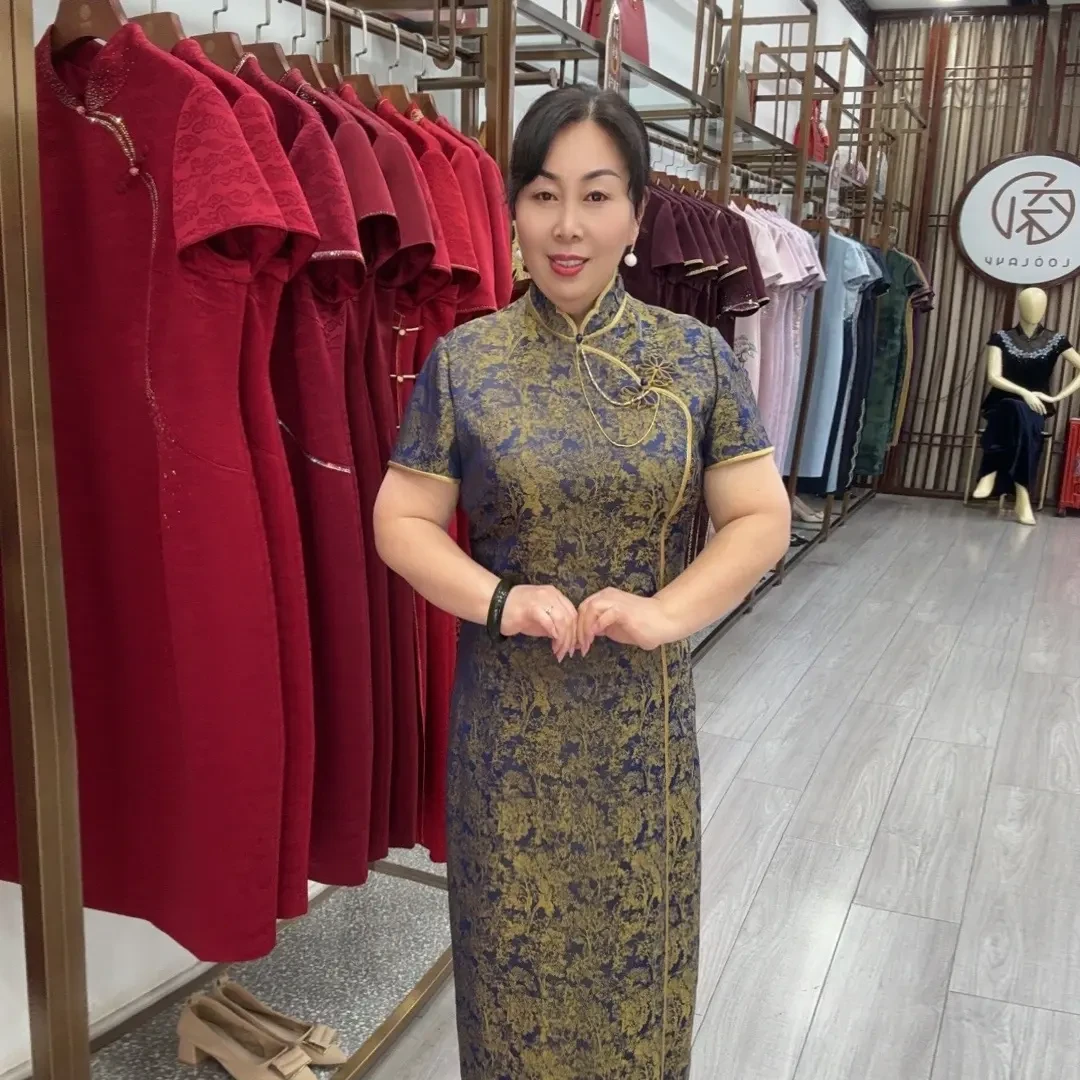 170223朱紫褕黄蓝色短袖1.17米简约雅致旗袍