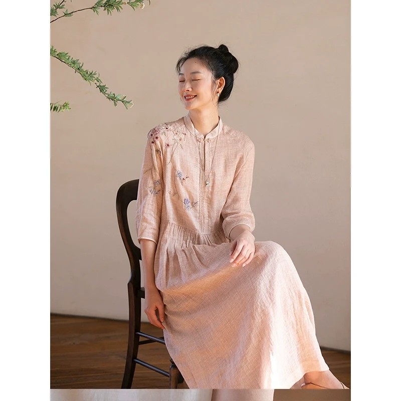 牧衣游原创 手工刺绣苎麻炒色连衣裙新品轻薄文艺气质长裙 清溪