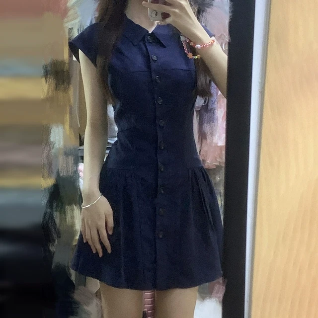 小个子学院风穿搭蓝色衬衫连衣裙子女夏季2025新款高级感收腰短裙