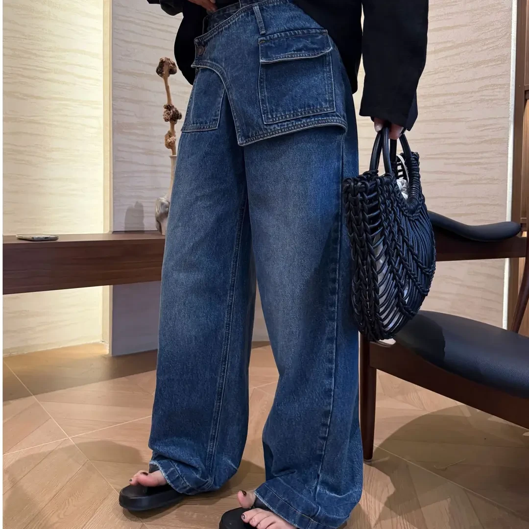 蓝色设计感阔腿牛仔裤女夏季新款大码梨形身材显瘦不规则直筒裤子