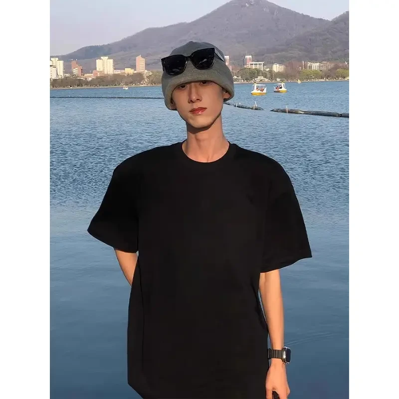 黑色小领口短袖男款夏季高级感痞帅美式正肩T恤clenafit重磅半袖