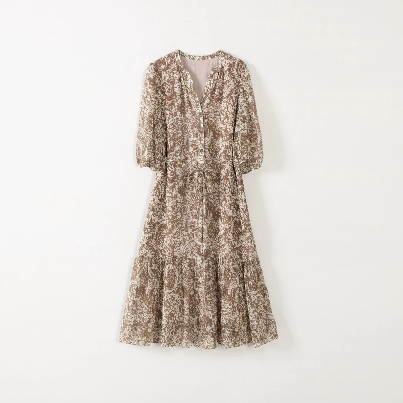 M-93051 中长款V领印花桑蚕丝连衣裙