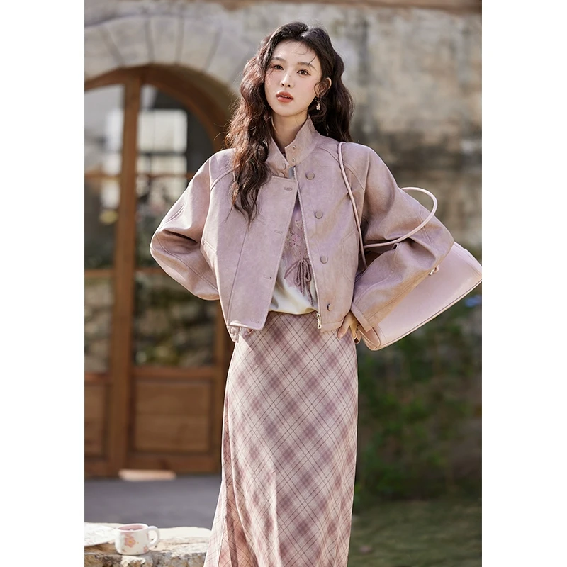 谜秀新品甜酷晕染粉紫皮衣外套春装立领机车风PU皮衣显白宽松百搭