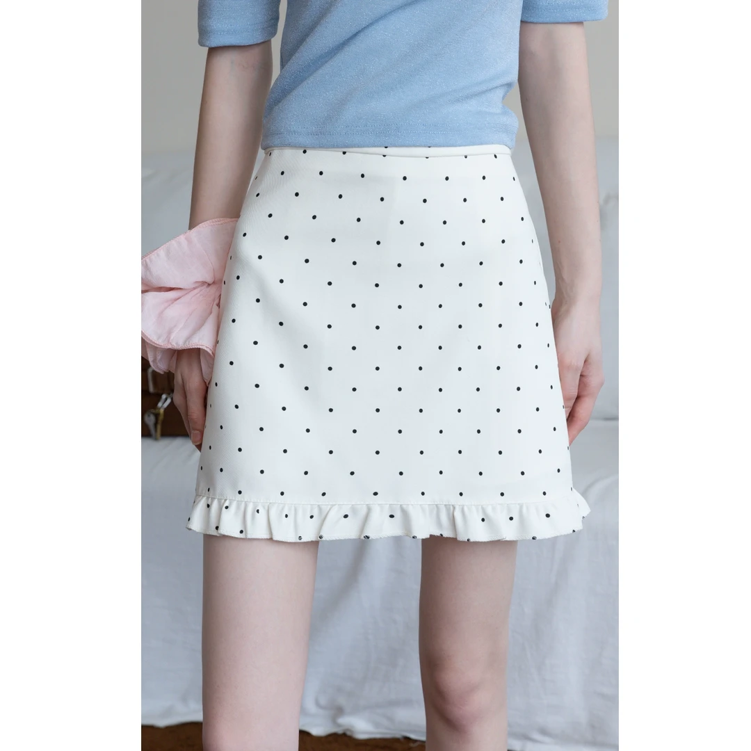 EGGKA 法式波点木耳边A字半身裙气质显瘦高腰通勤短裙E25B3676AF