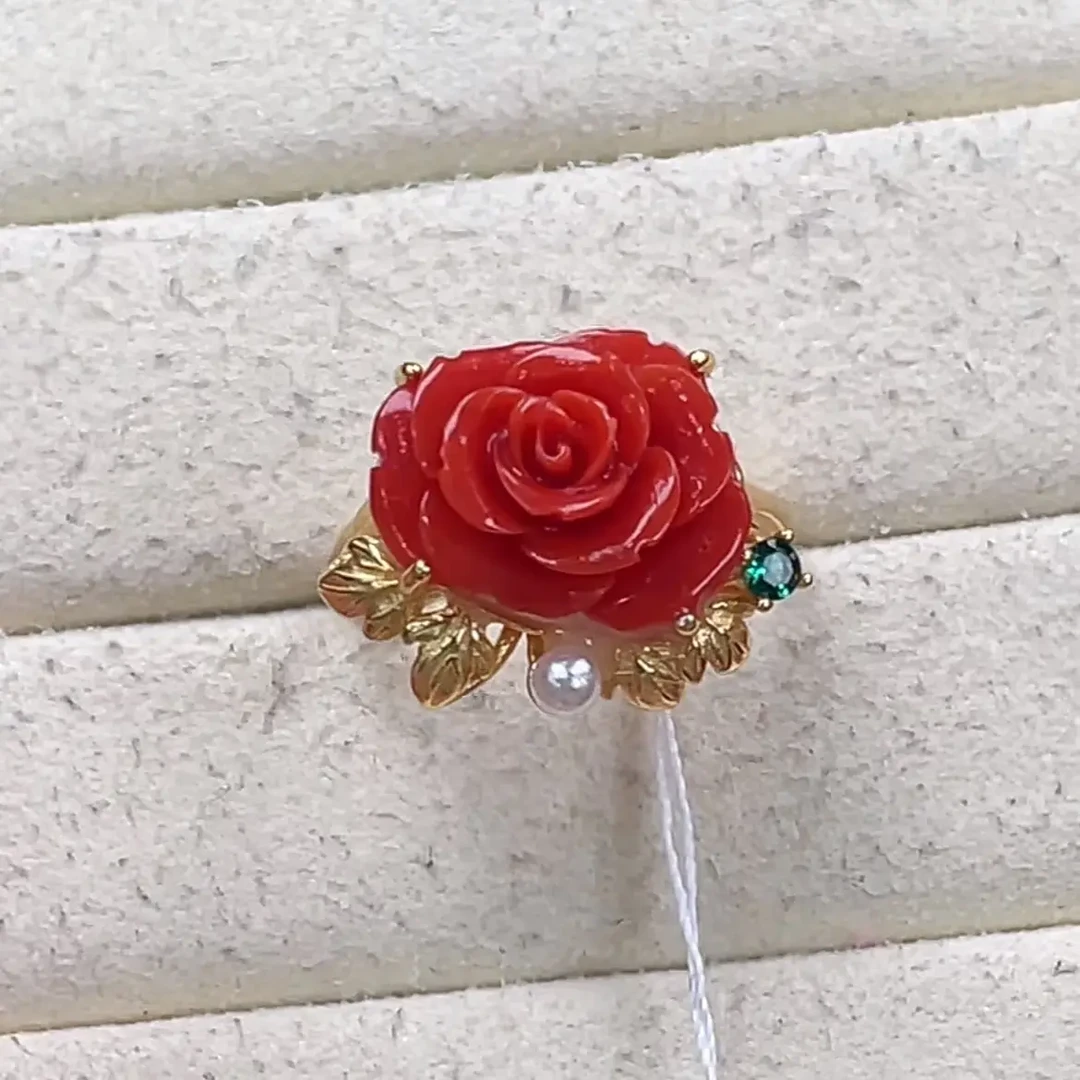 天然红珊瑚925银玫瑰花戒指
