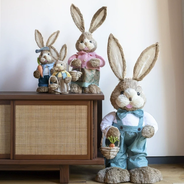 JK慕空间客厅大型落地摆件轻奢手工草编兔子婚礼花园阳台创意装饰
