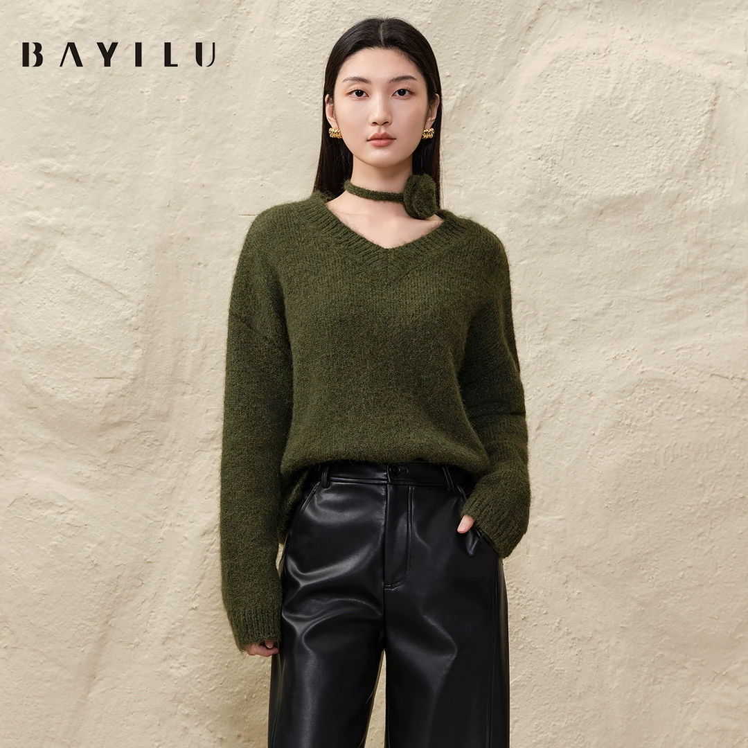 【品牌】芭依璐2025春季毛衣女v领宽松通勤毛衫91S0736