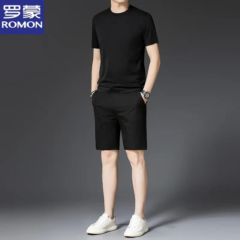 罗蒙2025新款男士薄款短袖短裤两件套透气凉感夏季速干运动套装男
