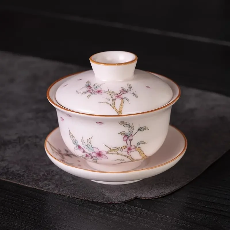 粉色汝窑三才盖碗陶瓷茶具泡茶盖碗高档盖碗Y3909