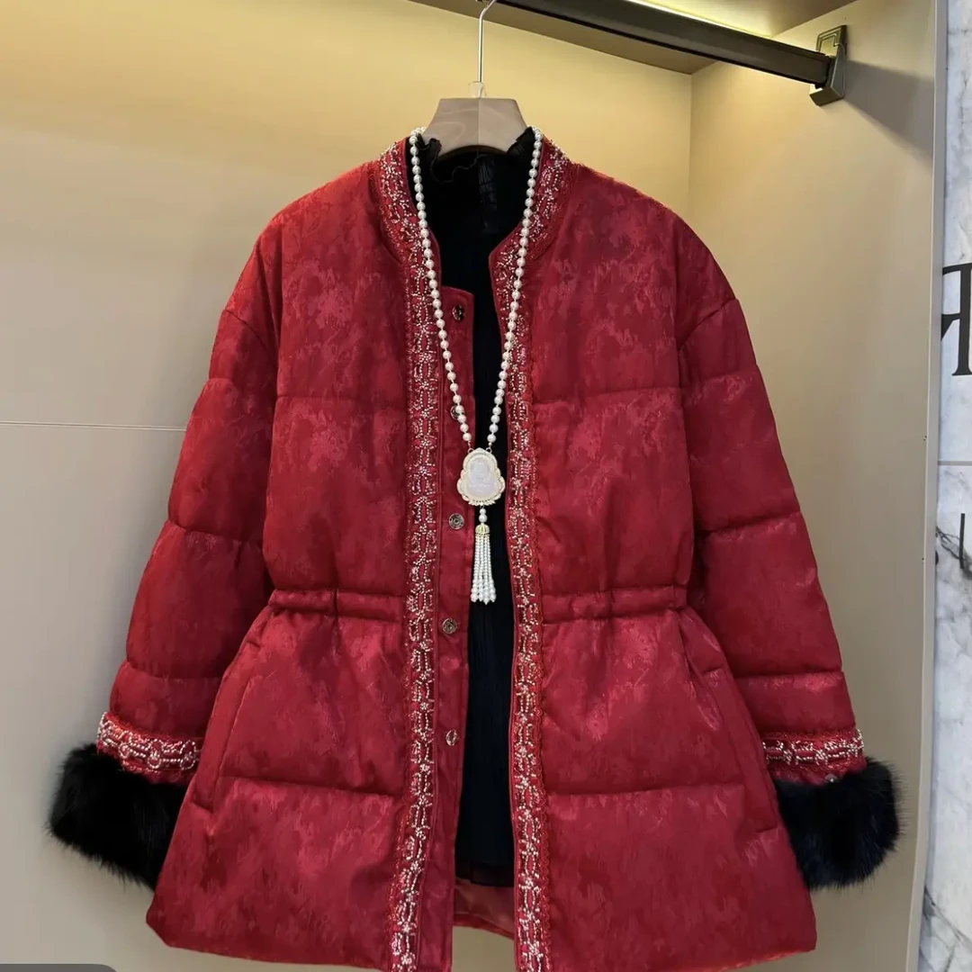 胖胖家*7268新款国风收腰提花刺绣新中式棉服外套