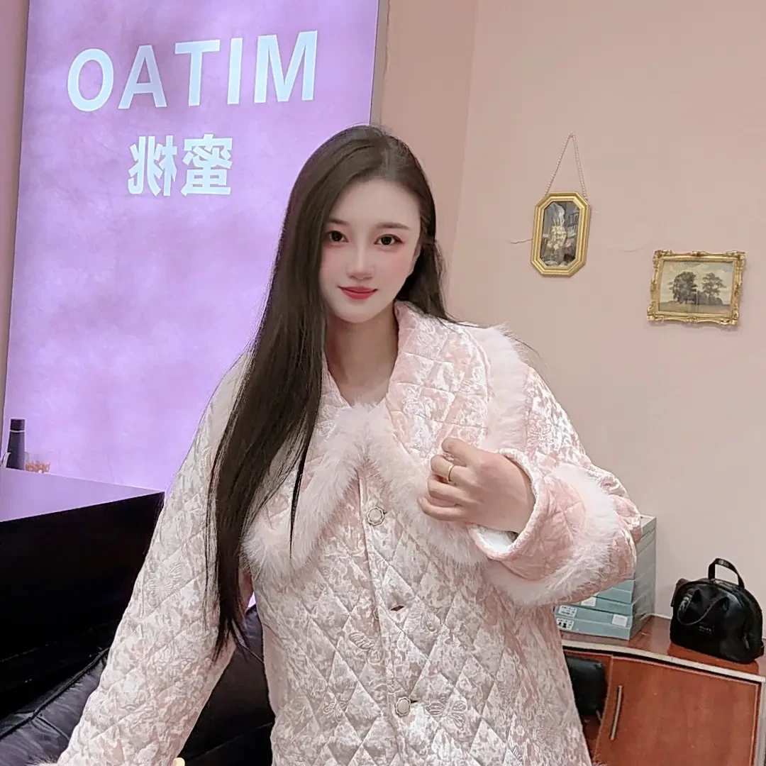三层夹棉加厚翻领双面绒保暖可外穿冬季轻奢女士家居服套装253520