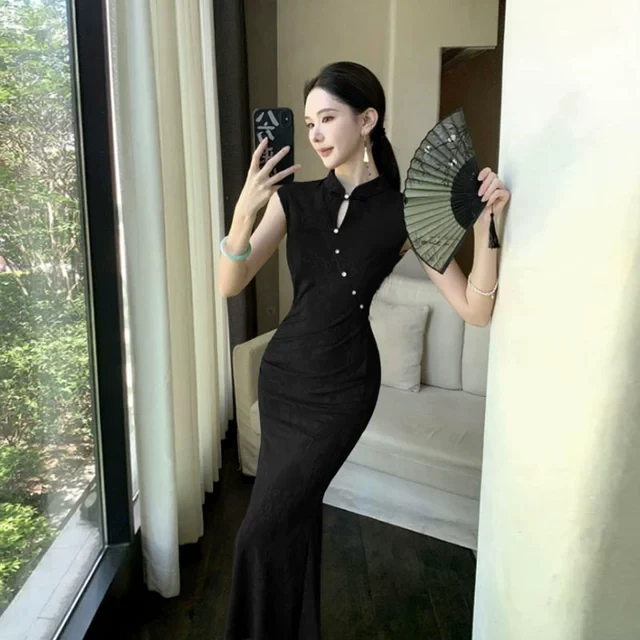 赫本风超好看修身包臀连衣裙新中式国风改良旗袍长裙2025夏季穿搭