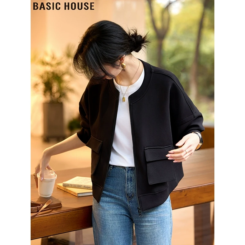 Basic House/百家好闲适有味黑色棒球服夹克外套女士2025秋冬新款