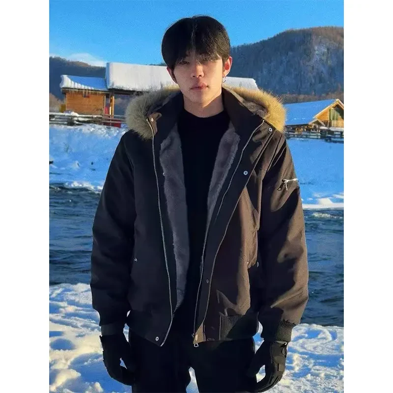 冬装美式狼王座山雕棉服男女同款加厚加绒保暖大毛领复古棉衣外套