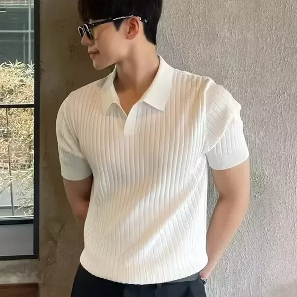 夏季男士翻领休闲短袖POLO衫网红时尚修身潮流T恤条纹半袖上衣潮