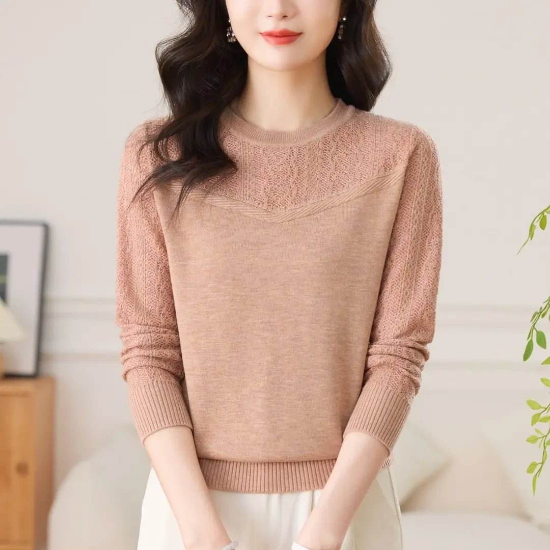 2025年春季新款女装圆领长袖时尚洋气款宽松显瘦款百搭套头上衣