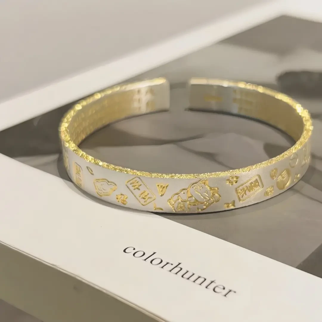 足银手镯 描金招财猫吉言足银999.9纯银手镯实心手腕配饰送女朋友