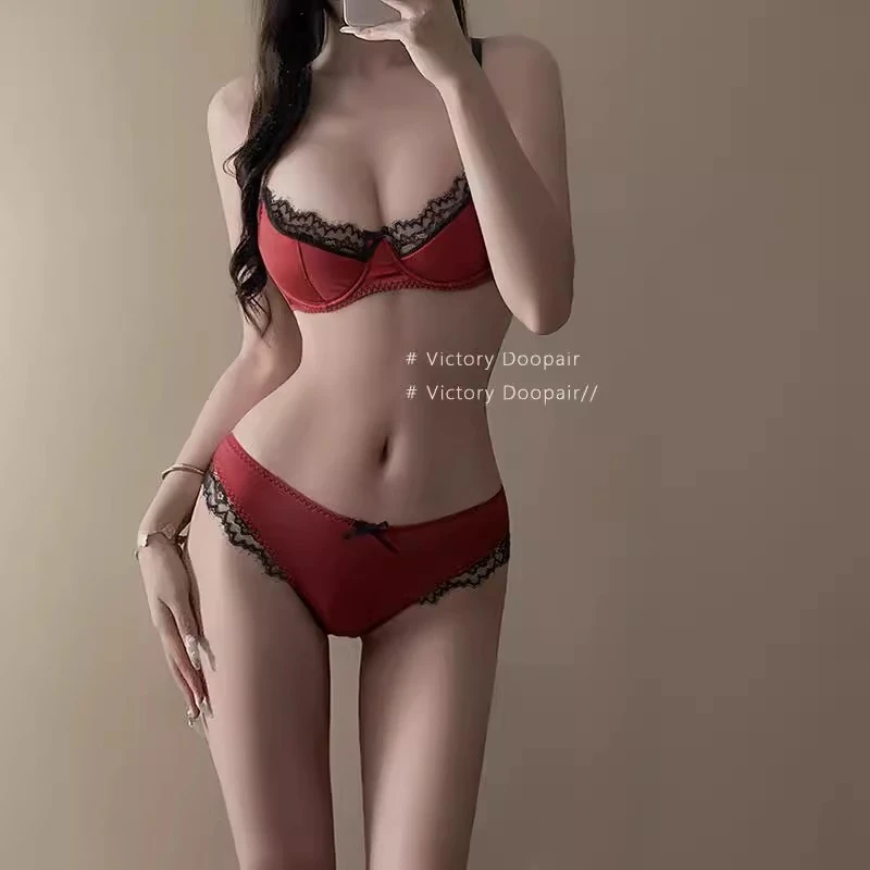 性感本命年红色内衣女蕾丝小胸聚拢防下垂文胸套装大胸显小胸罩