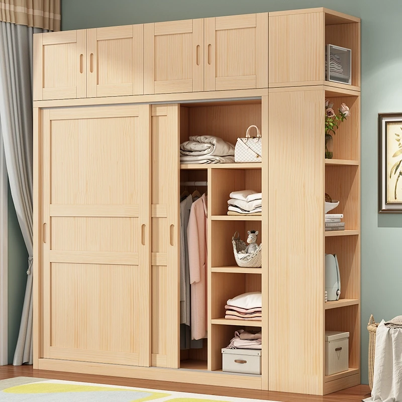 实木衣柜家用卧室小户型推拉门包安装两门原木风松木儿童结实衣柜