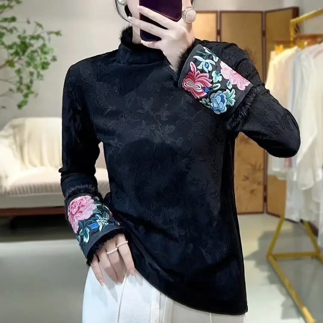 (美裳国韵甄选)长袖加绒新中式半高领刺绣提花加绒水貂毛时尚冬季