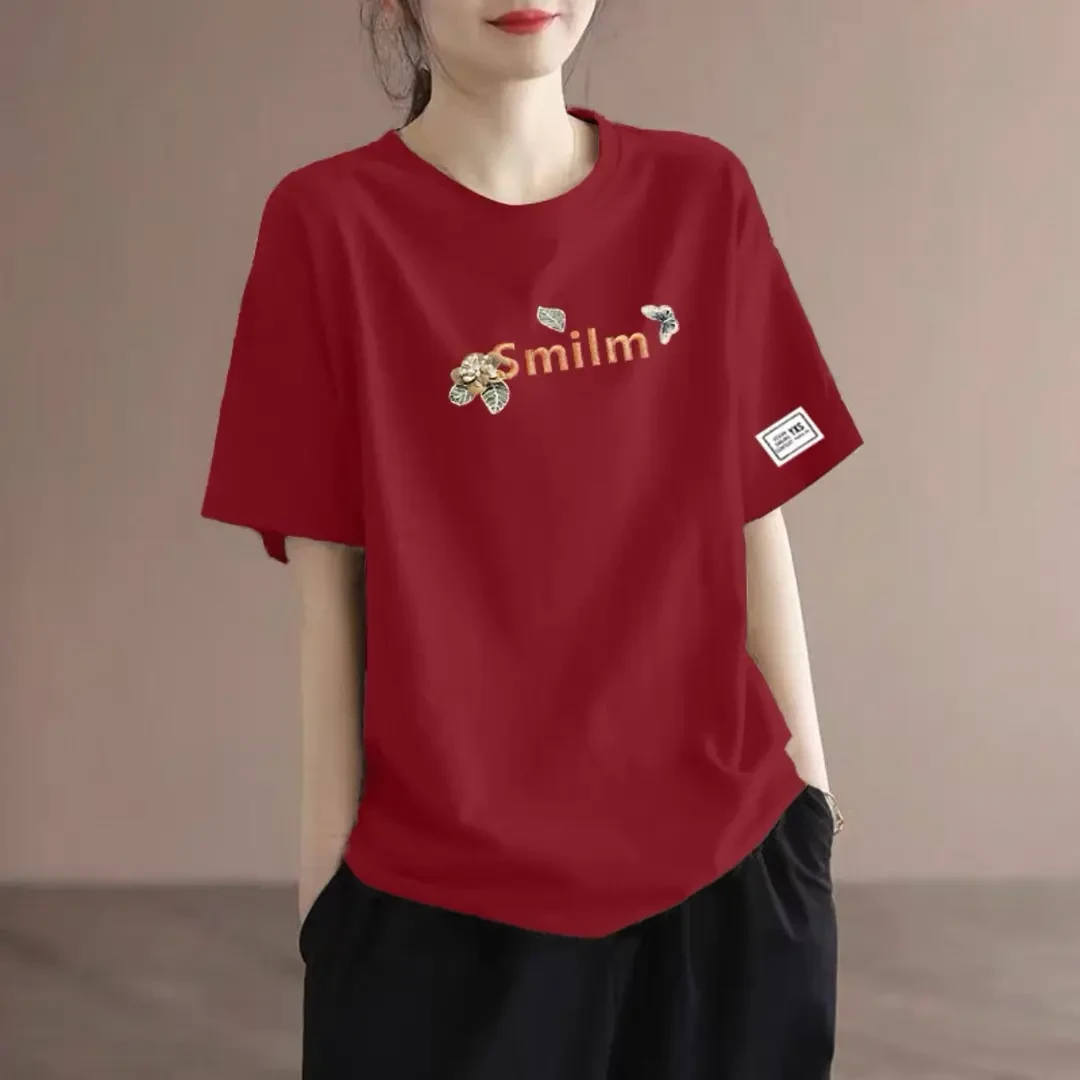 2025短袖t恤女士夏季新款宽松显瘦大码胖mm洋气半袖圆领上衣