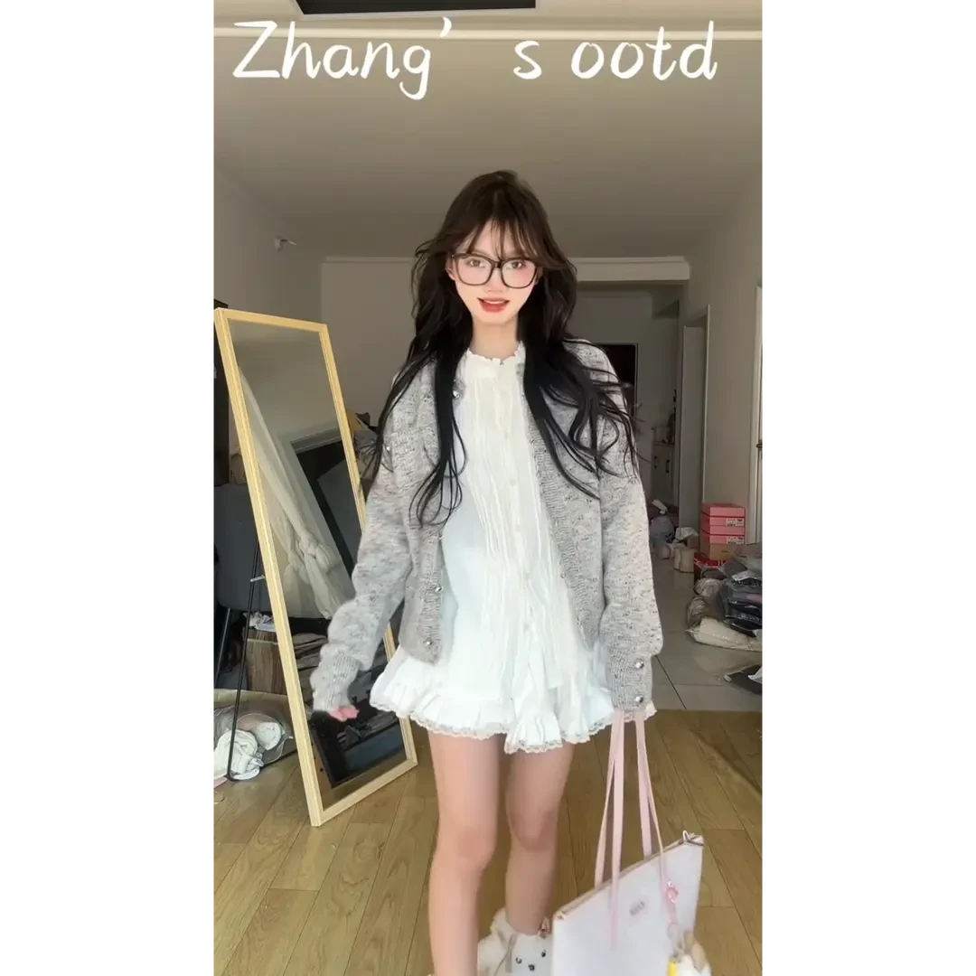 韩系套装女2025春秋新款温柔风日系灰色毛衣外套百搭衬衫百褶裙子