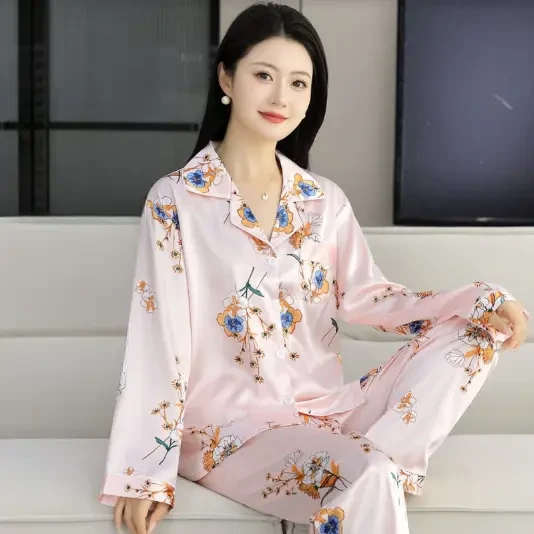 【现货直发】高档冰丝睡衣套装大码时尚休闲女士蝴蝶花薄款透气