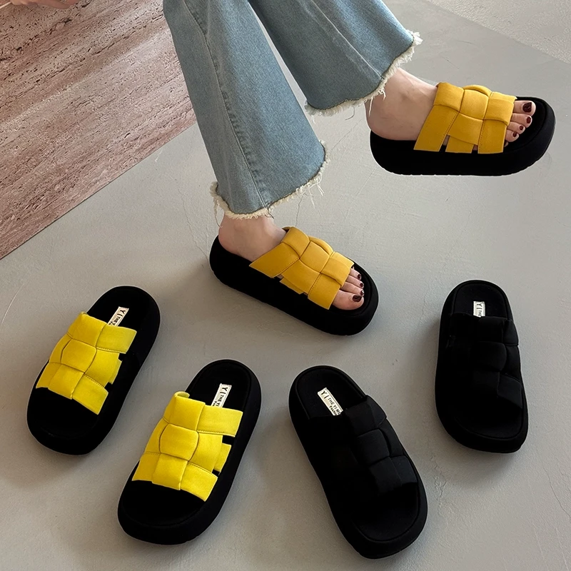 贾不假拖鞋女夏外穿2025新款超火编织百搭小个子厚底休闲凉拖鞋子