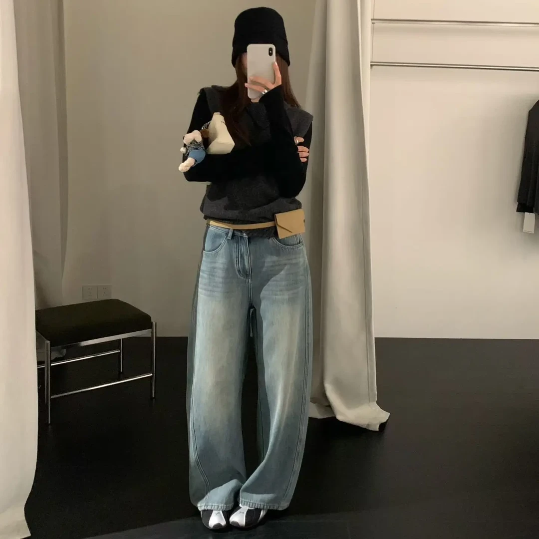 AP6226韩版高腰复合绒直筒牛仔裤女2025冬季新款百搭显瘦弯刀长裤