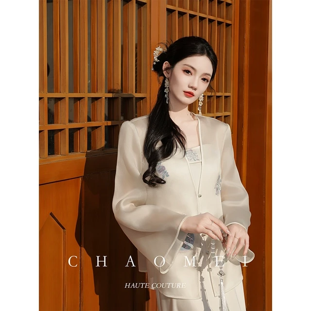 冯（CHAOMEI【洛神赋】新中式桑蚕丝刺绣套装真丝外衫吊带连衣裙