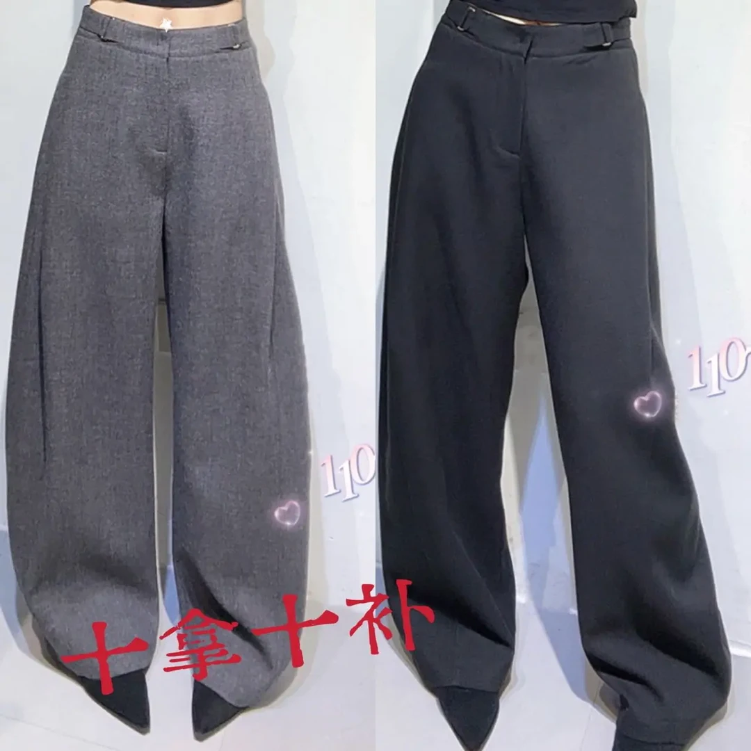 秋冬加绒高腰显瘦毛呢弯刀休闲裤