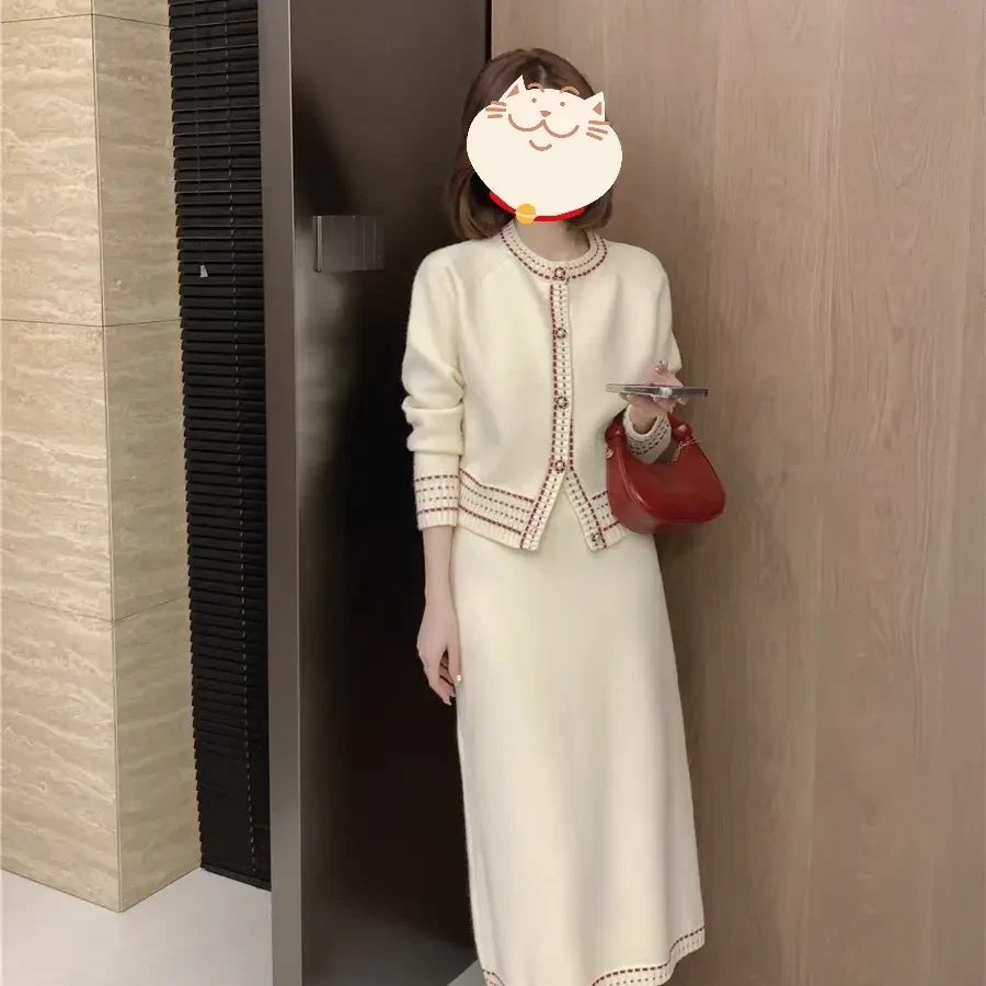 秋冬长袖厚款针织开衫款轻熟高级感针织两件套高腰显瘦半身裙