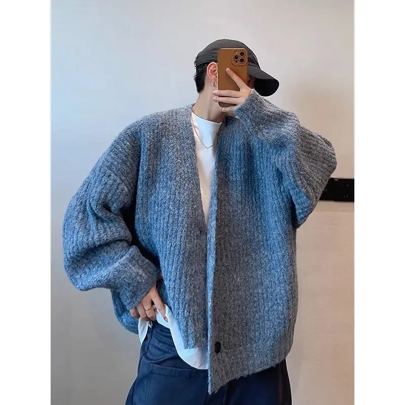 加大码300斤港风撞色慵懒风针织衫男装秋冬宽松休闲开衫毛衣外套2