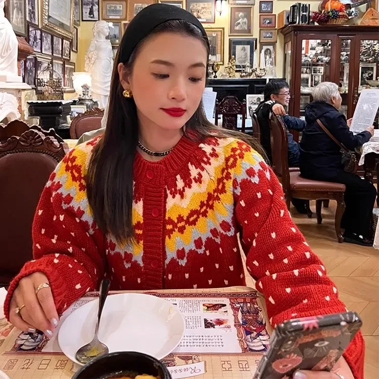 A001秋冬红色慵懒风费尔岛针织开衫女宽松百搭显瘦毛衣外套8001