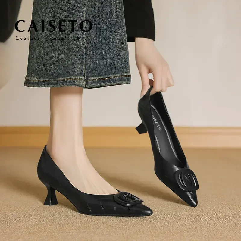 牛皮/5cm2025新款时尚尖头百搭扣件低跟单鞋舒适真皮女鞋24D780-5