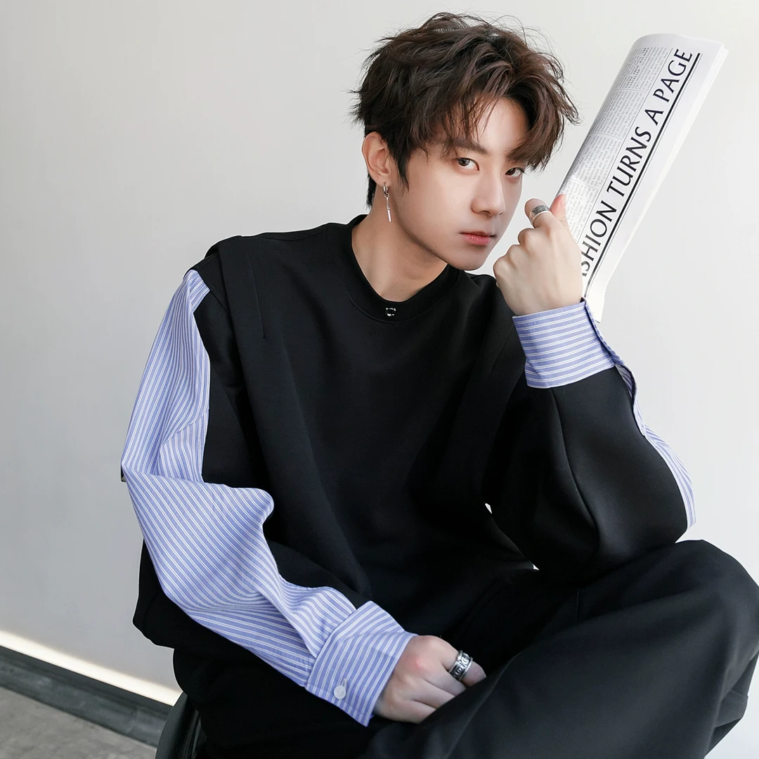 CHICERRO西西里男装男士宽松拼接设计感假两件条纹高级感卫衣潮