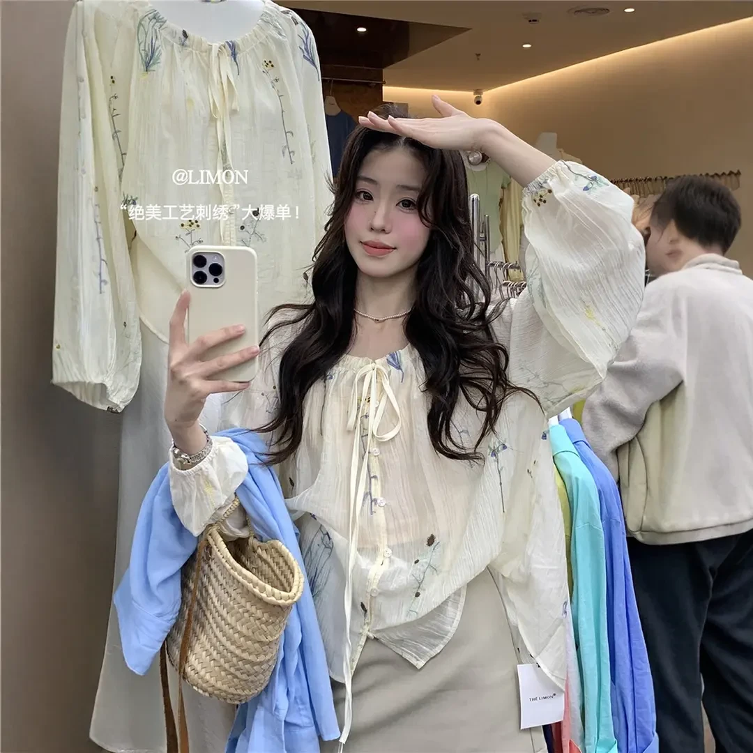 THE LIMON柠檬绿茶国风古韵刺绣灯笼袖系带衬衫女春夏长袖上衣