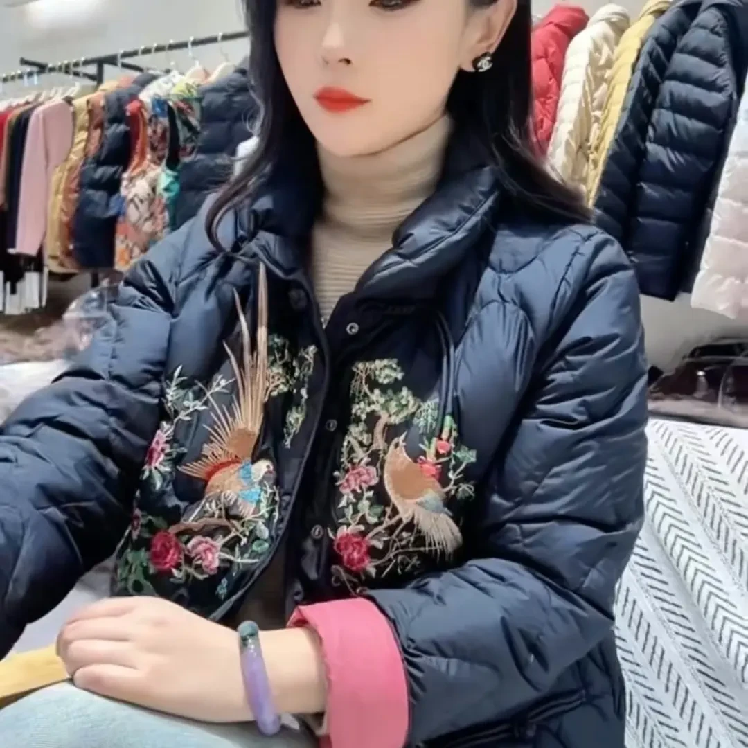 新中式国风复古刺绣加厚保暖短款女冬季羽绒服