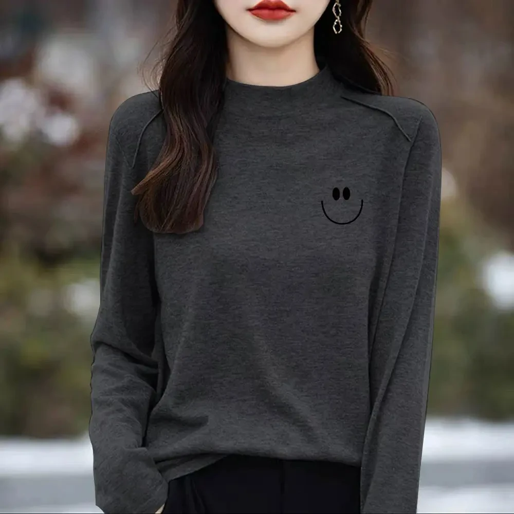 欧货舒适柔软创意撞色印花小立领正肩秋冬新款女装长袖打底衫上衣